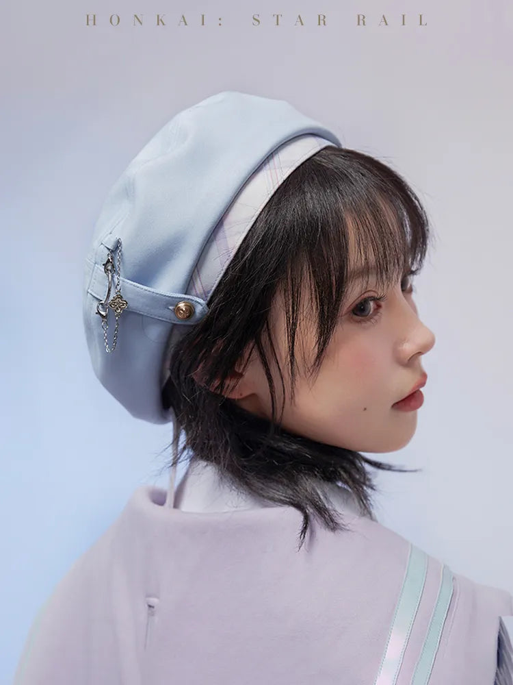 March 7th pastel-blue beret with plaid trim and floral charm