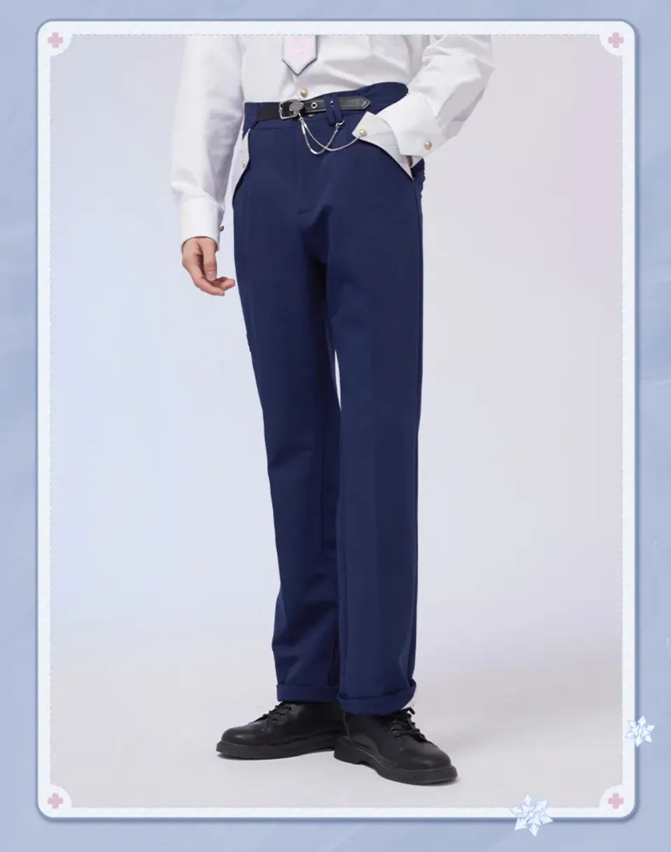 March 7th navy pants front view with plaid pocket accents