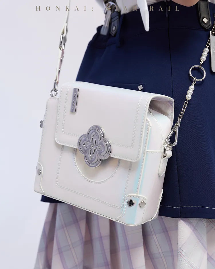 March 7th shoulder bag styled with a pastel-blue outfit
