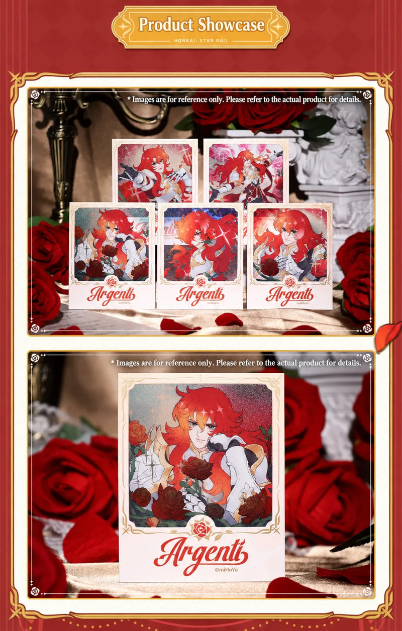 Three Argenti film-style cards showcasing character artwork and rose motifs