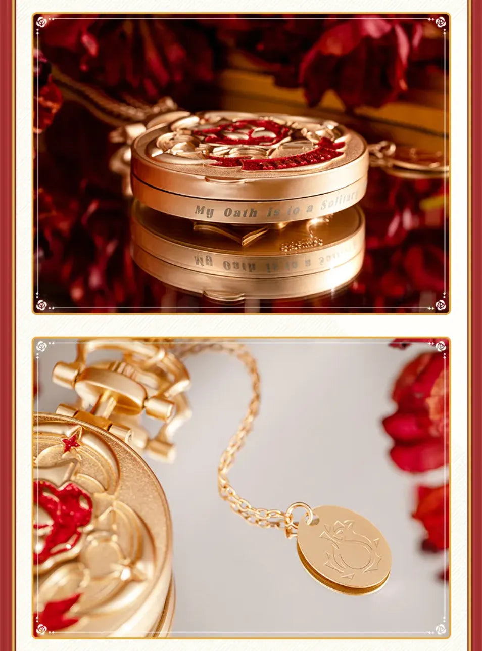 Pocket watch-style metal charm displayed in an elegant collectible scene
