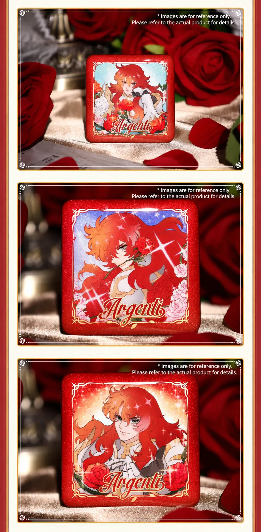 Close-up of Argenti badge with glittering finish and decorative artwork