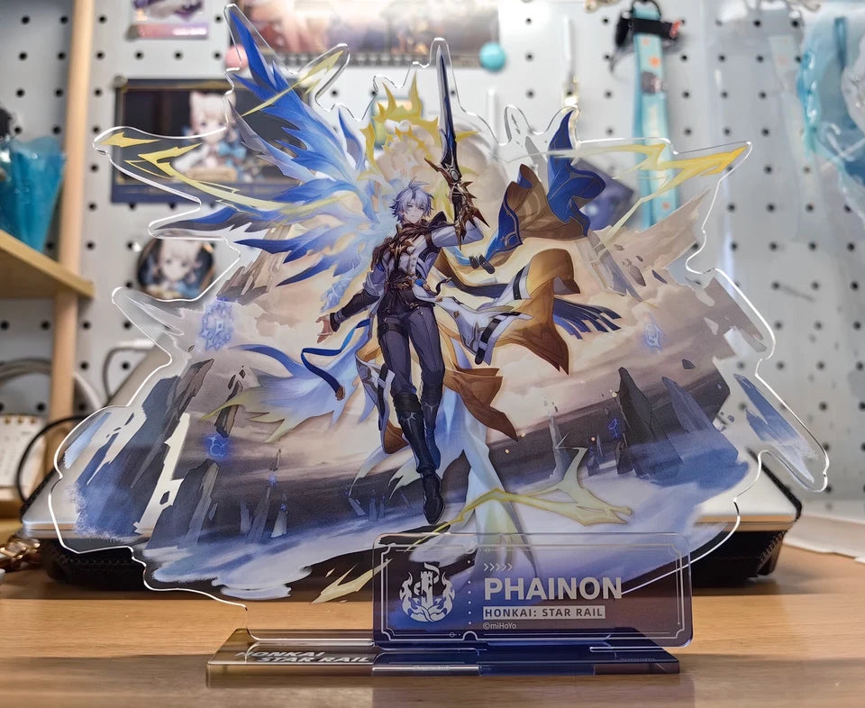 Large Honkai Star Rail Phainon acrylic standee displayed on a bookshelf