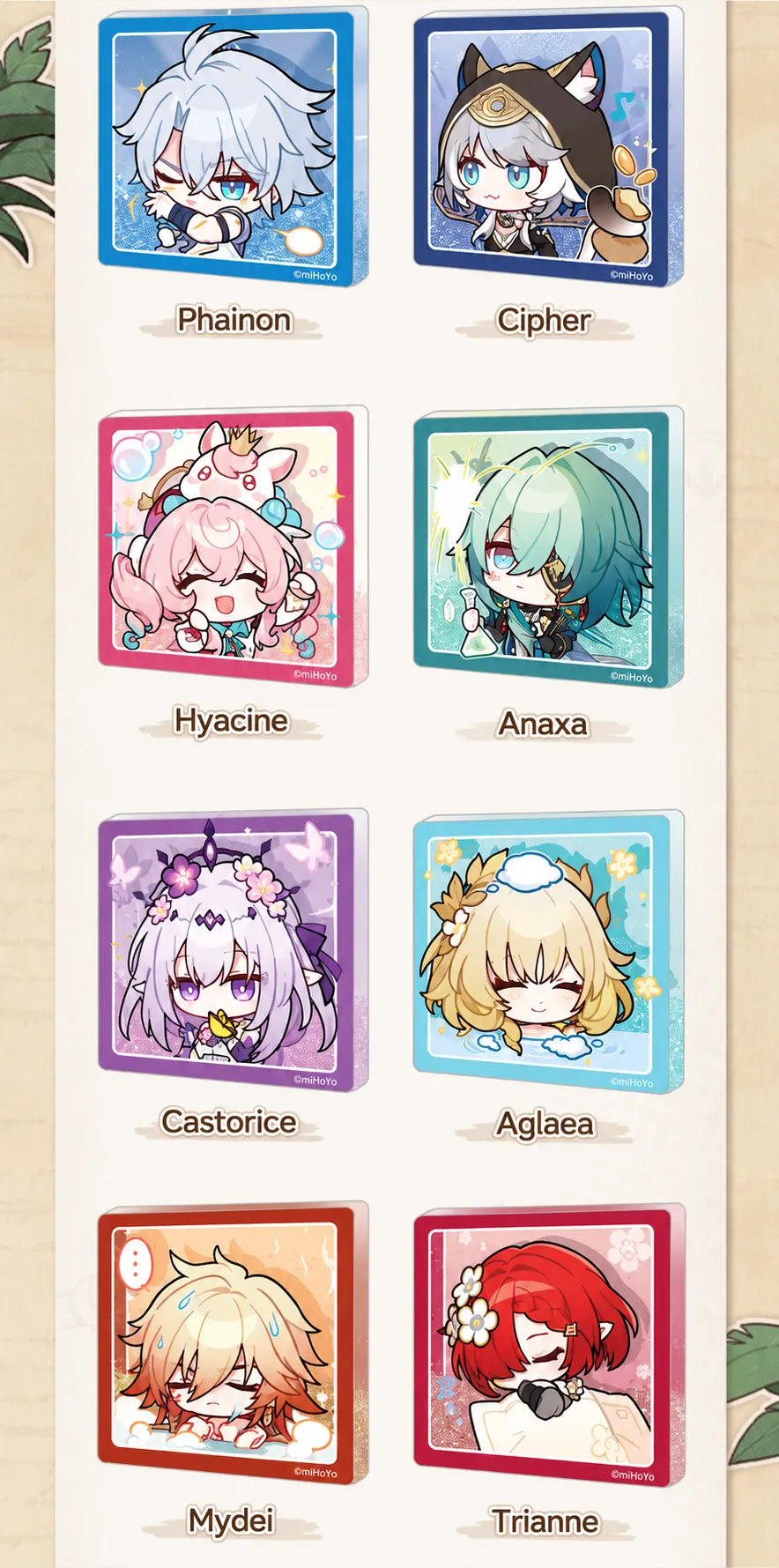 Pom-Pom Gallery Flowing Sand Acrylic Fridge Magnets featuring Phainon, Cipher, Hyacine, Anaxa, Castorice, Aglaea, Mydei, and Trianne