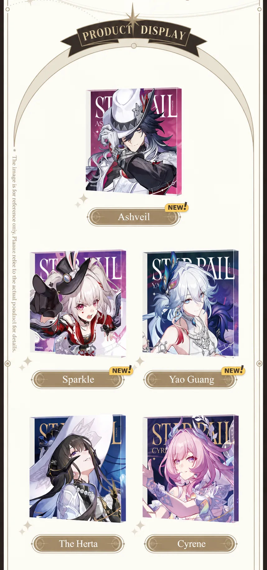 Ashveil, Sparxie, Yao Guang, The Dahlia and Cyrene acrylic display blocks