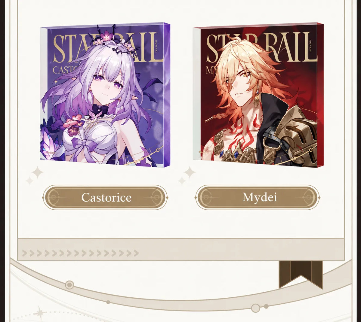 Castorice and Mydei acrylic display blocks