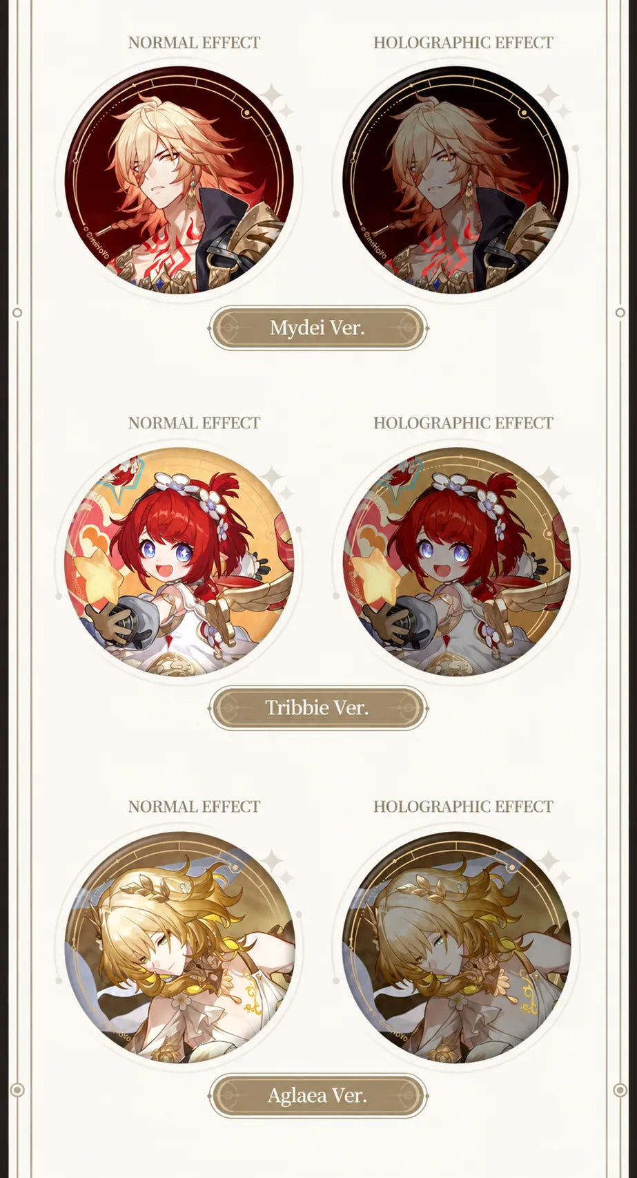 Mydei, Tribbie and Aglaea badge effect comparisons