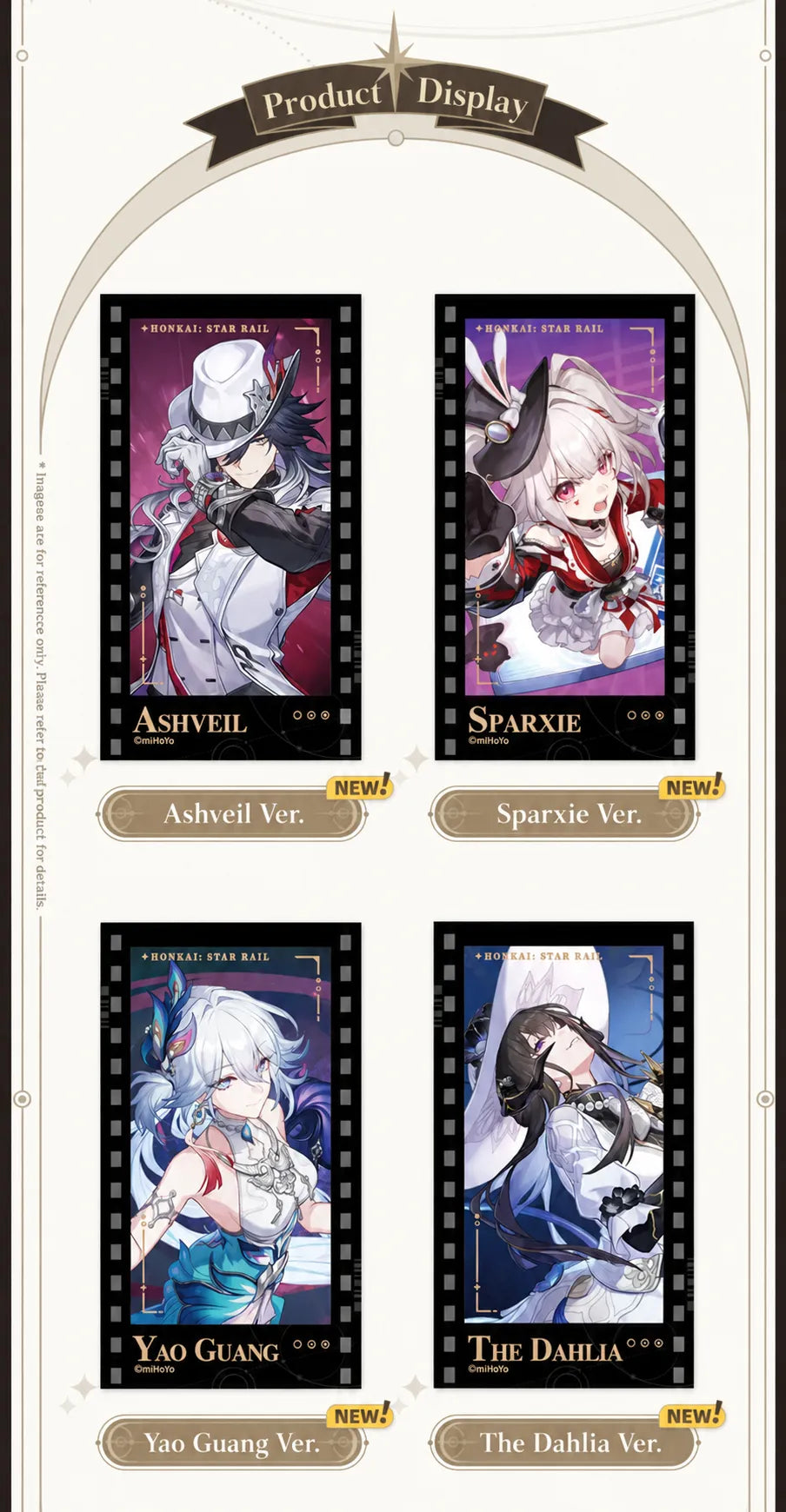 Filmstrip Cards featuring Ashveil, Sparxie, Yao Guang and The Dahlia