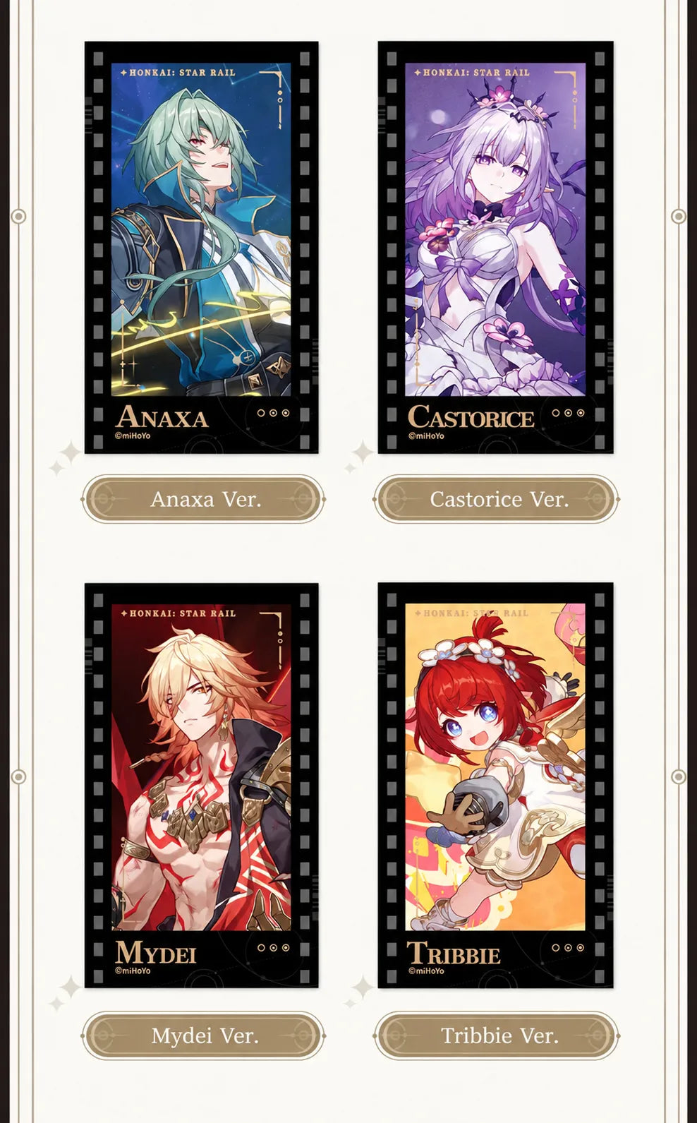 Filmstrip Cards featuring Anaxa, Castorice, Mydei and Tribbie