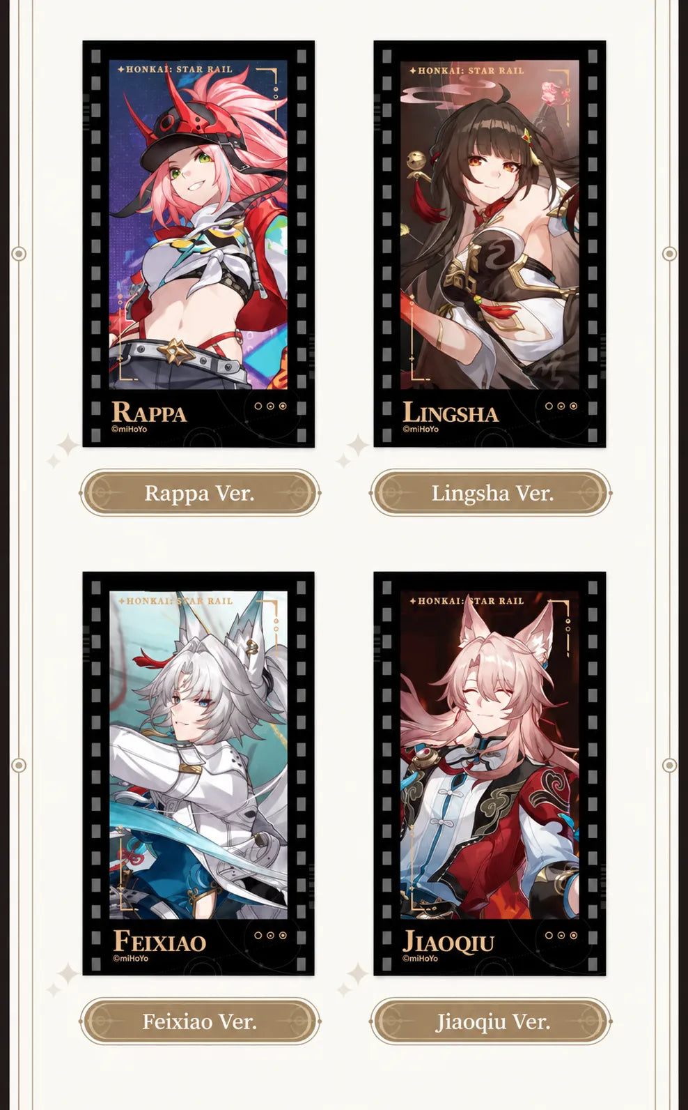 Filmstrip Cards featuring Rappa, Lingsha, Feixiao and Jiaoqiu
