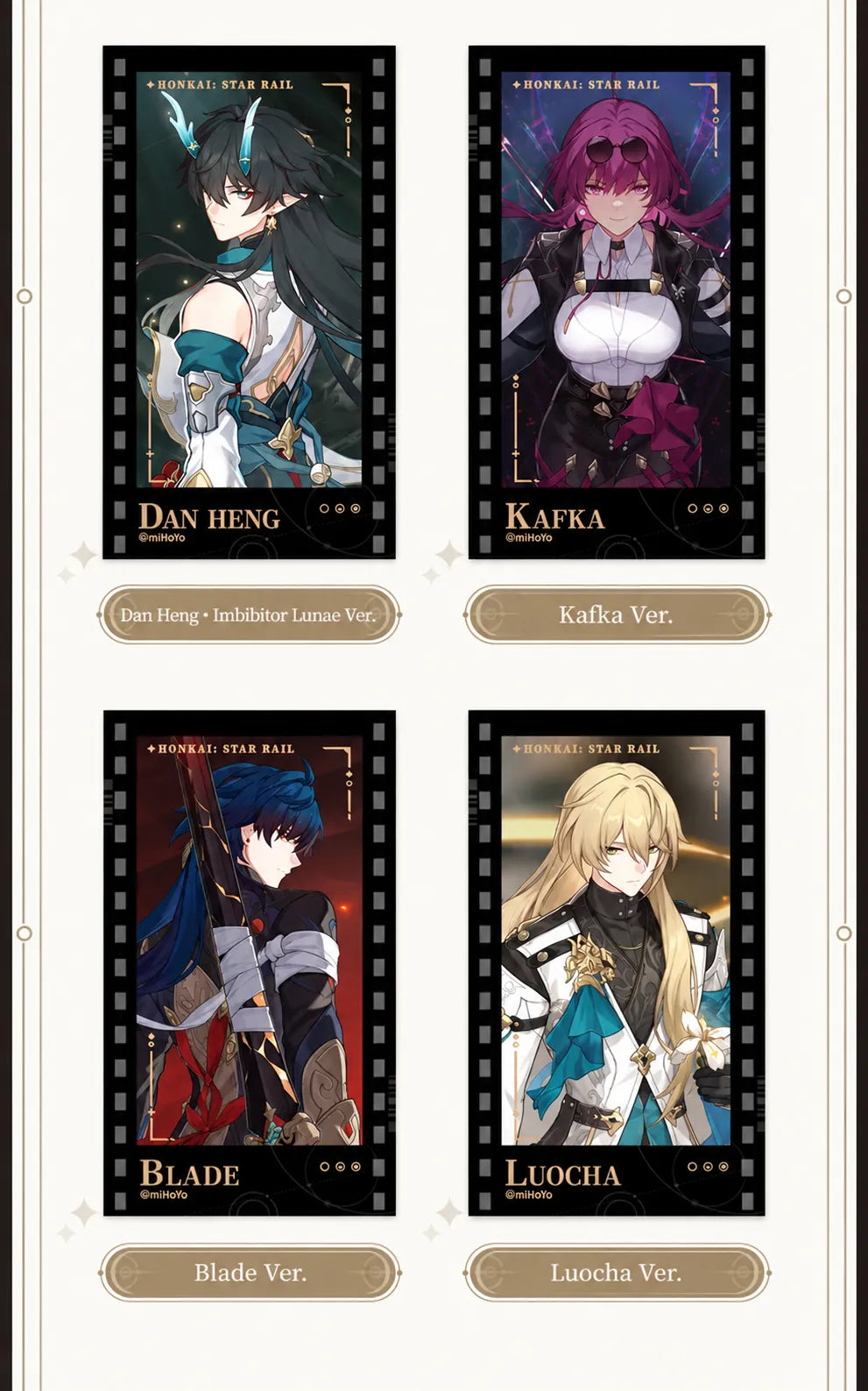 Filmstrip Cards featuring Dan Heng • Imbibitor Lunae, Kafka, Blade and Luocha