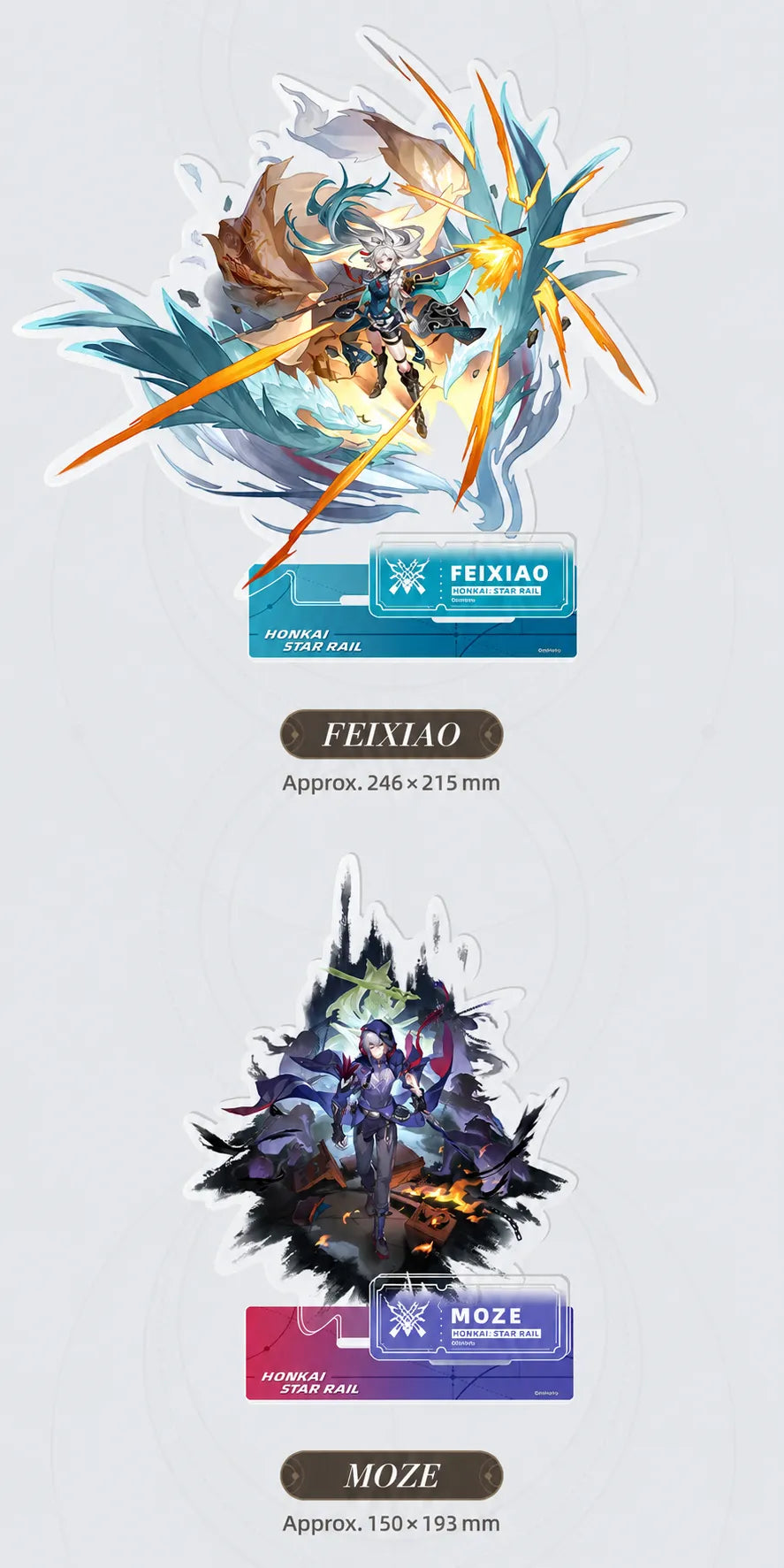 Feixiao and Moze The Hunt acrylic standees with display bases