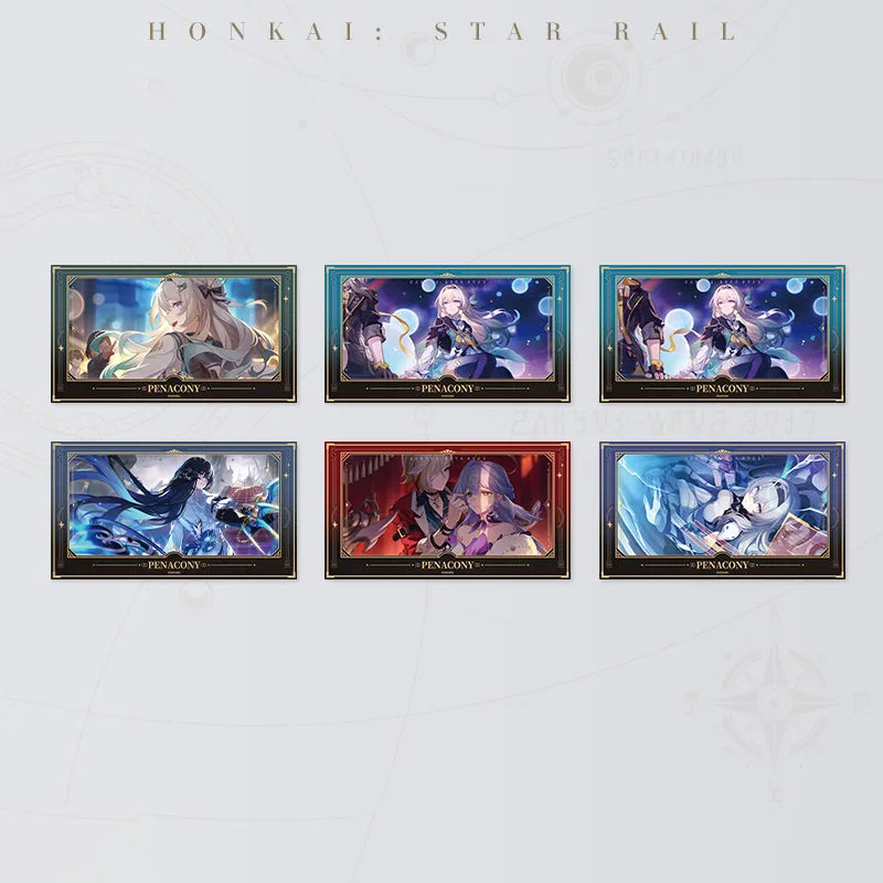 Honkai Star Rail film-style card designs featuring characters from Amphoreus and Penacony