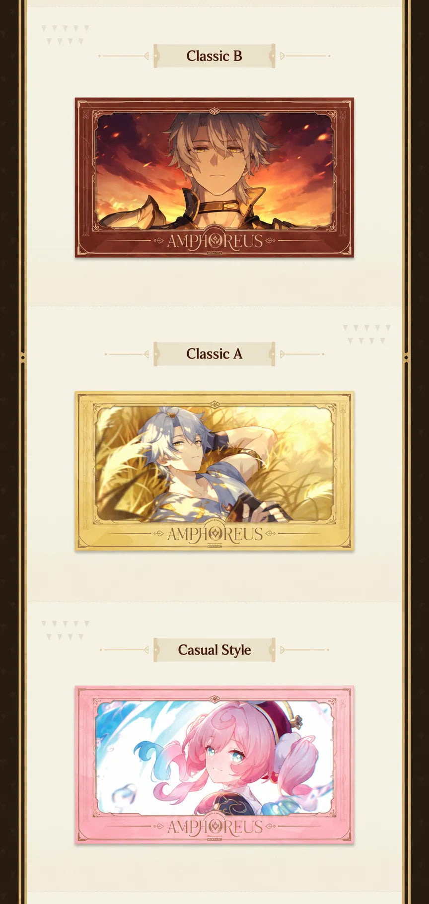 Amphoreus film-style cards featuring Phainon and Hyacine character artwork