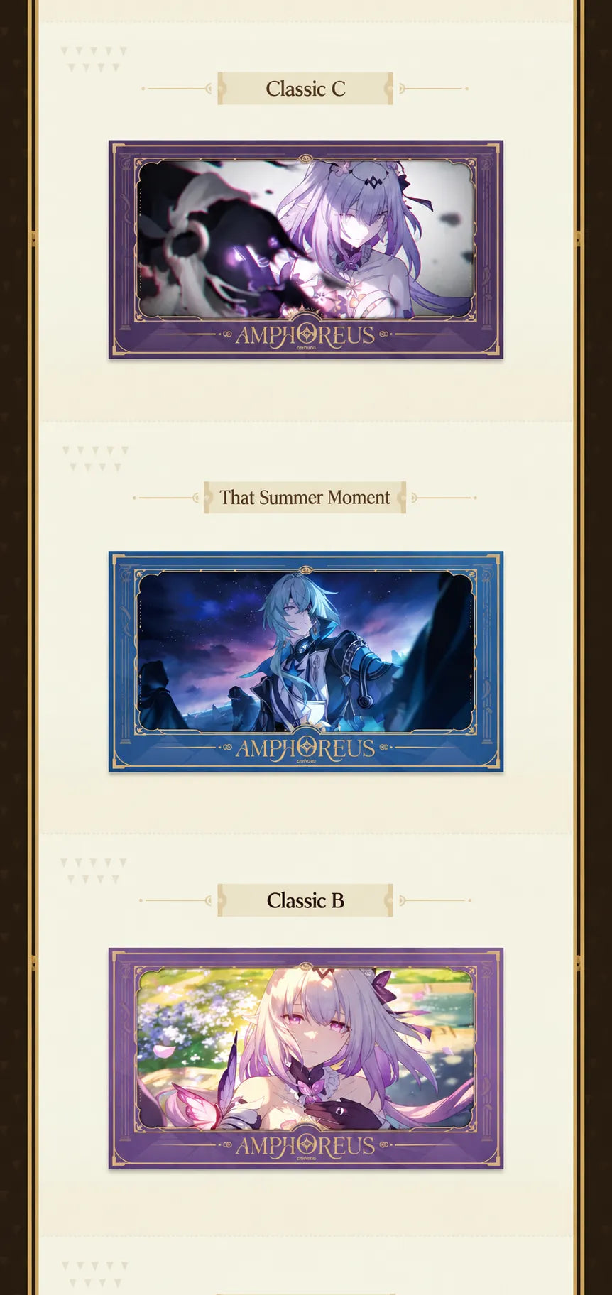Honkai Star Rail film-style cards featuring Amphoreus characters and story scenes