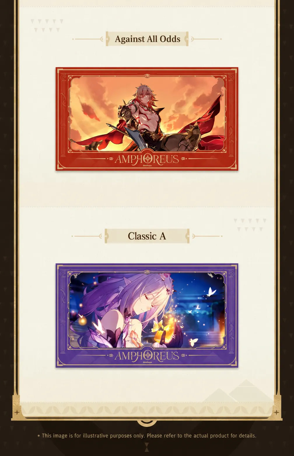 Amphoreus film-style cards featuring Mydei and Castorice with decorative card frames