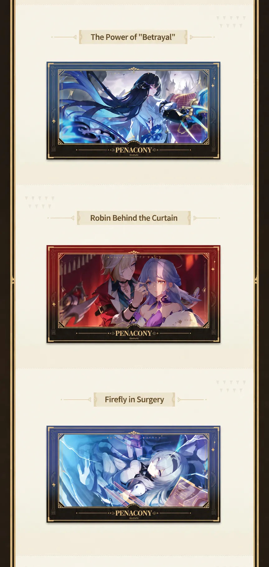 Honkai Star Rail film-style cards featuring Robin Firefly and The Power of Betrayal