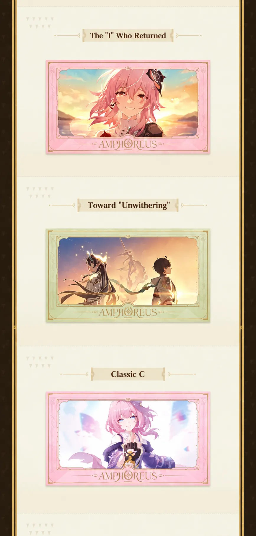 Honkai Star Rail Amphoreus film-style cards featuring Cyrene and story artwork