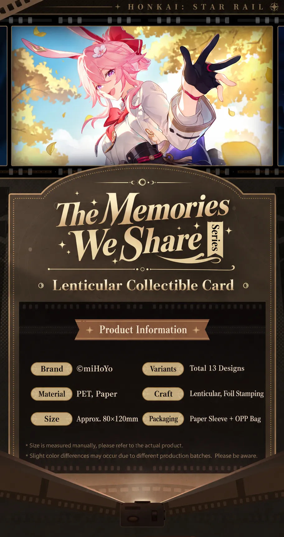 The Memories We Share Series lenticular collectible card specifications showing PET paper materials and size