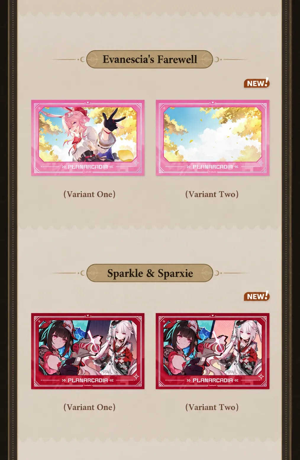 Lenticular collectible card variants featuring Evanescia's Farewell and Sparkle with Sparxie
