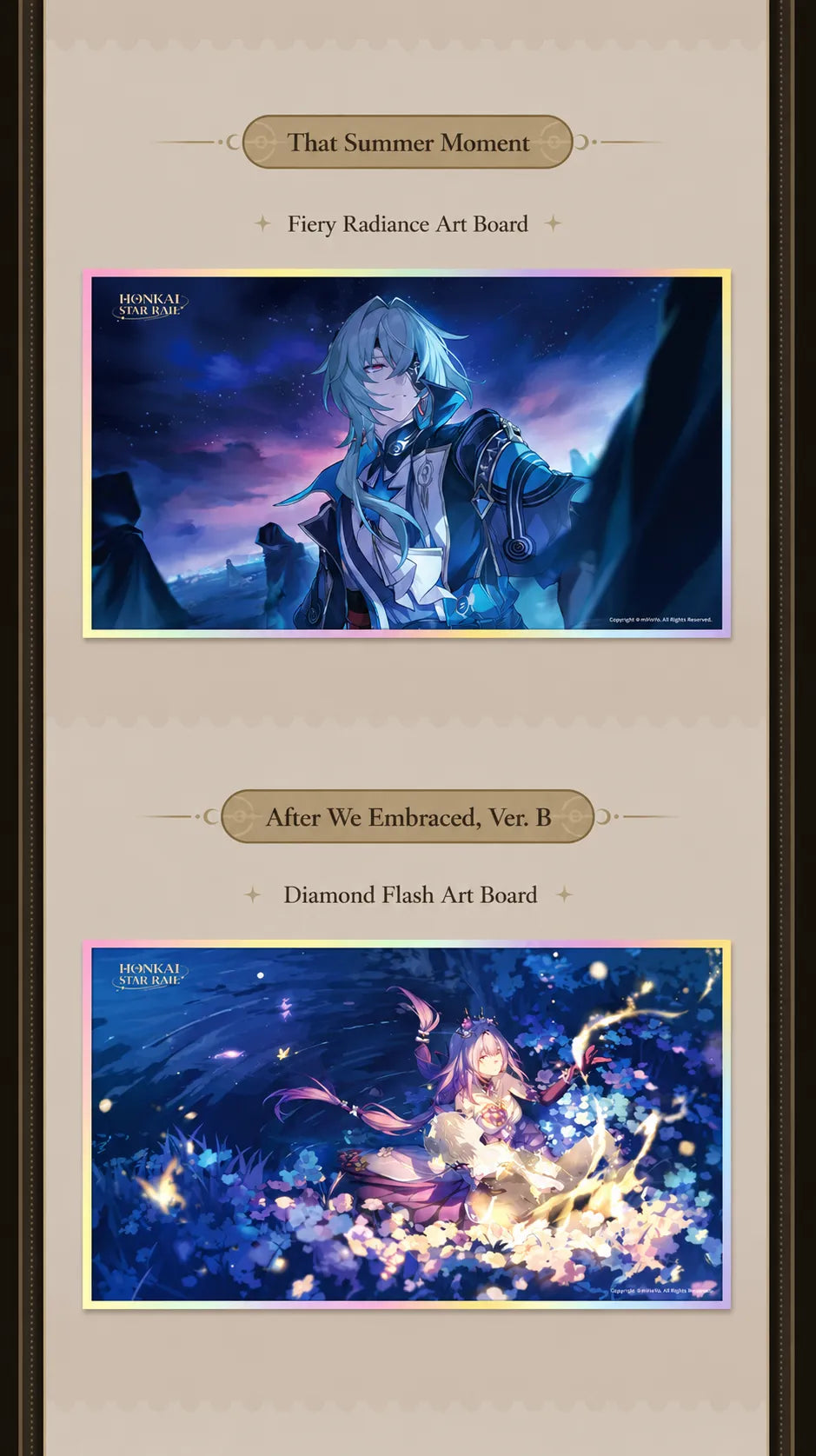 Honkai Star Rail PET art boards featuring Anaxa and After We Embraced B
