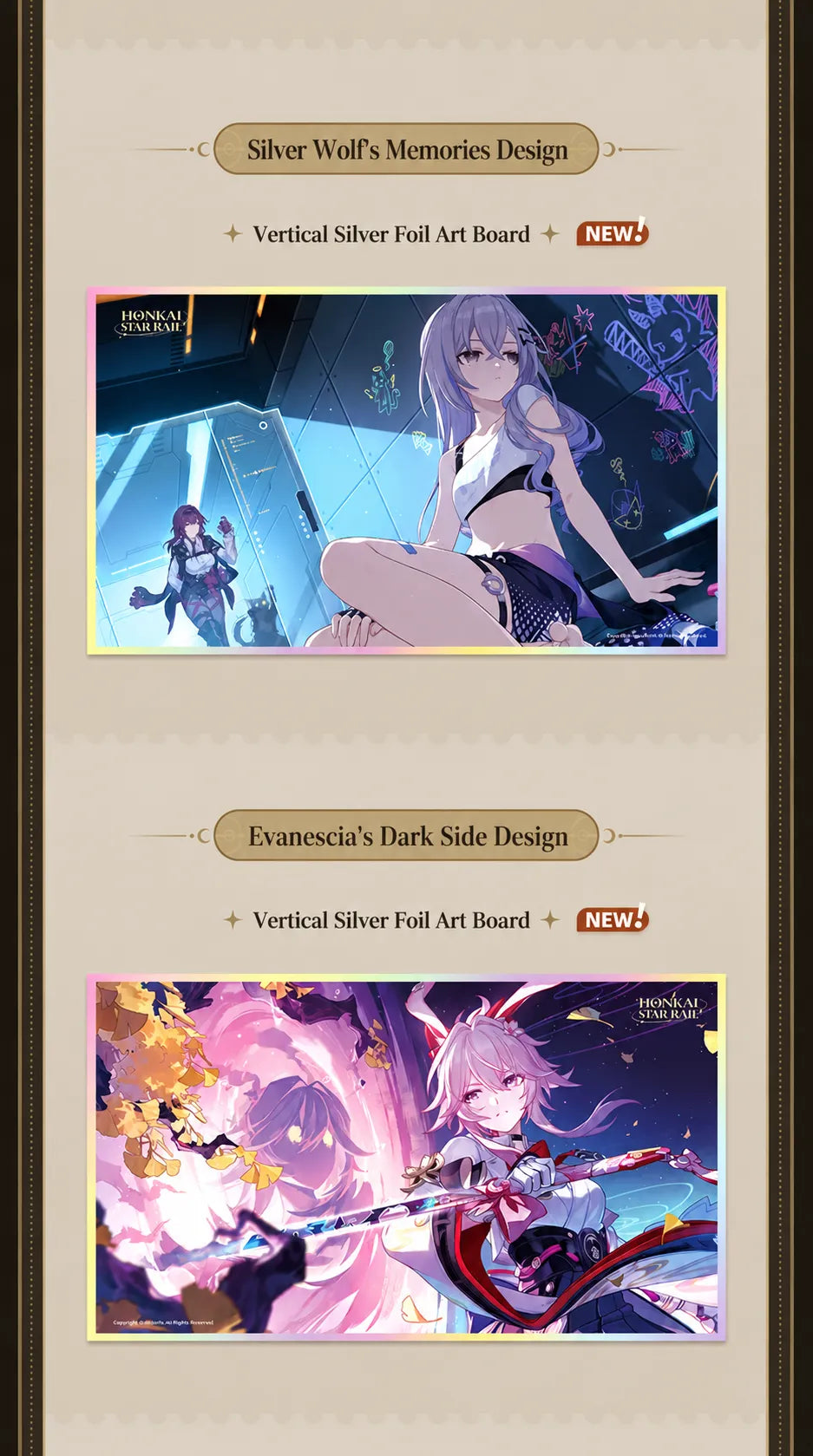 Honkai Star Rail PET art boards featuring Silver Wolf's Memories and Evanescia's Dark Side