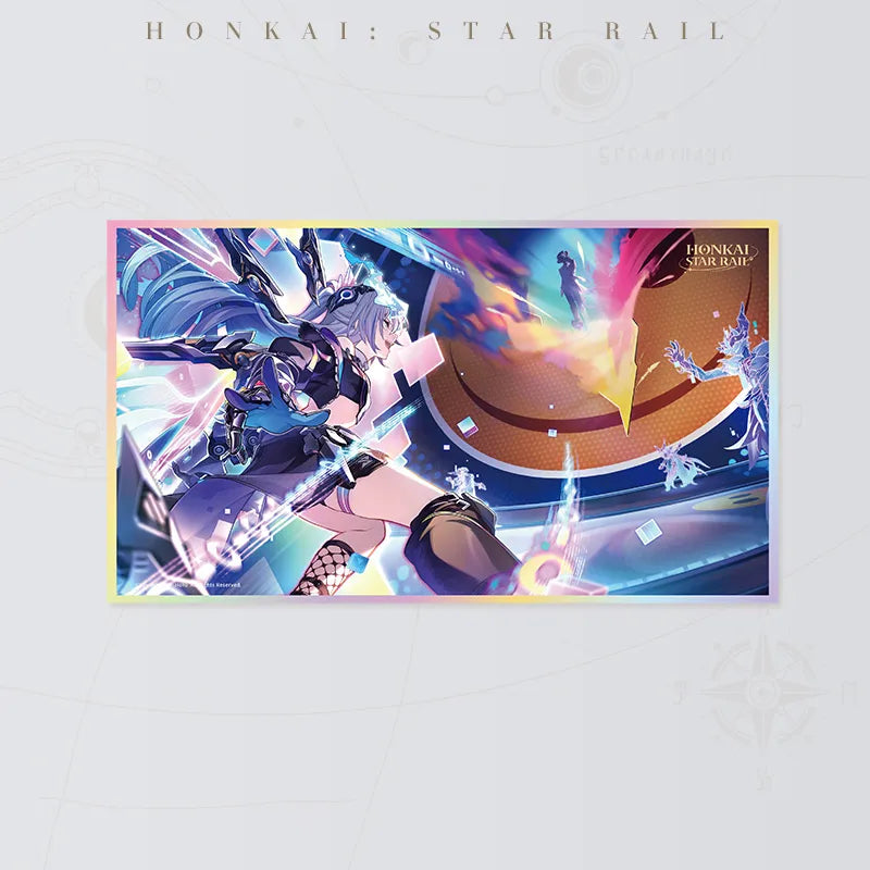 Honkai Star Rail Silver Wolf vs Asat Pramad PET art board featuring a colorful battle scene