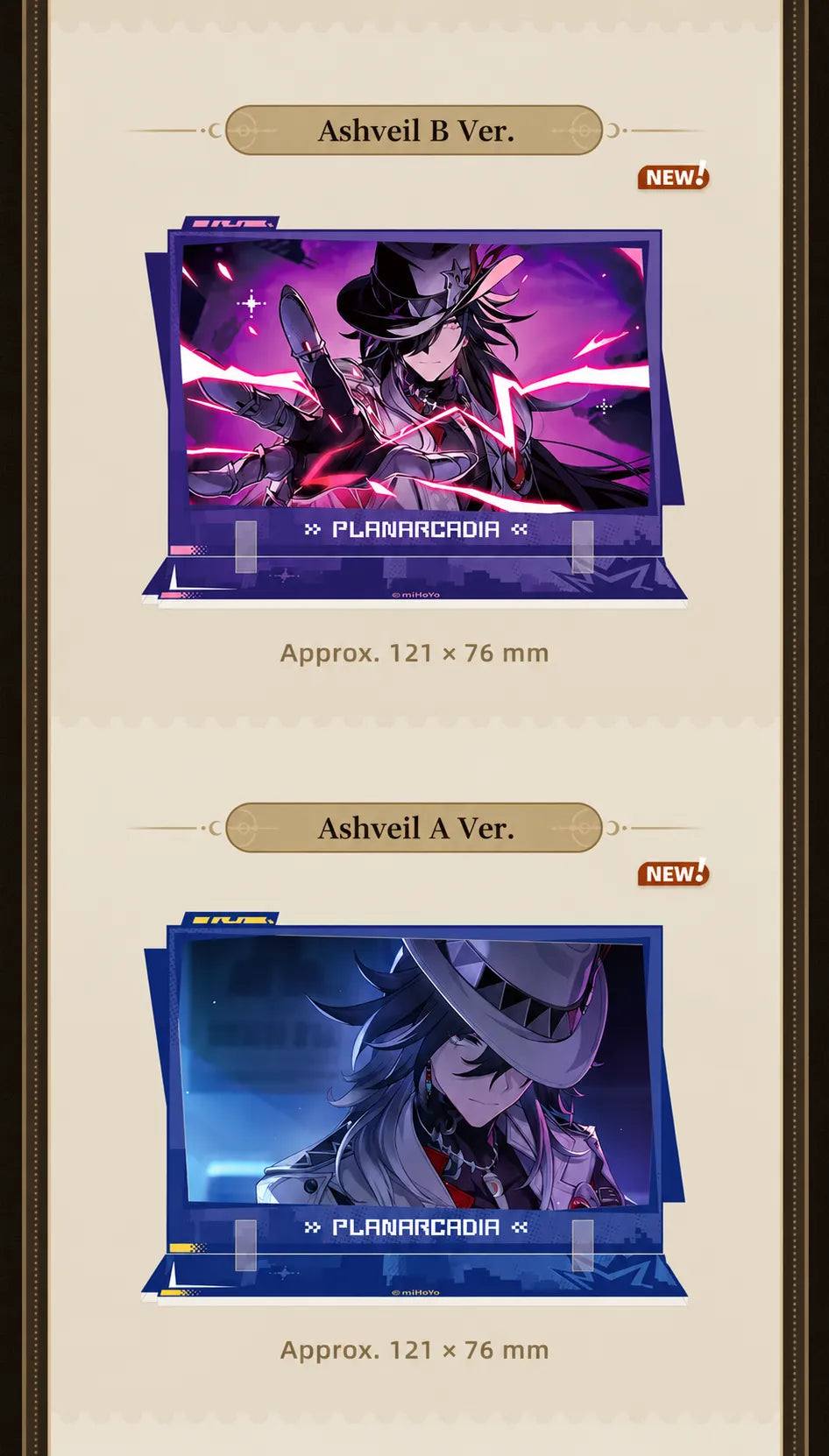 Ashveil B Ver. and Ashveil A Ver. acrylic standees with purple and blue decorative frames