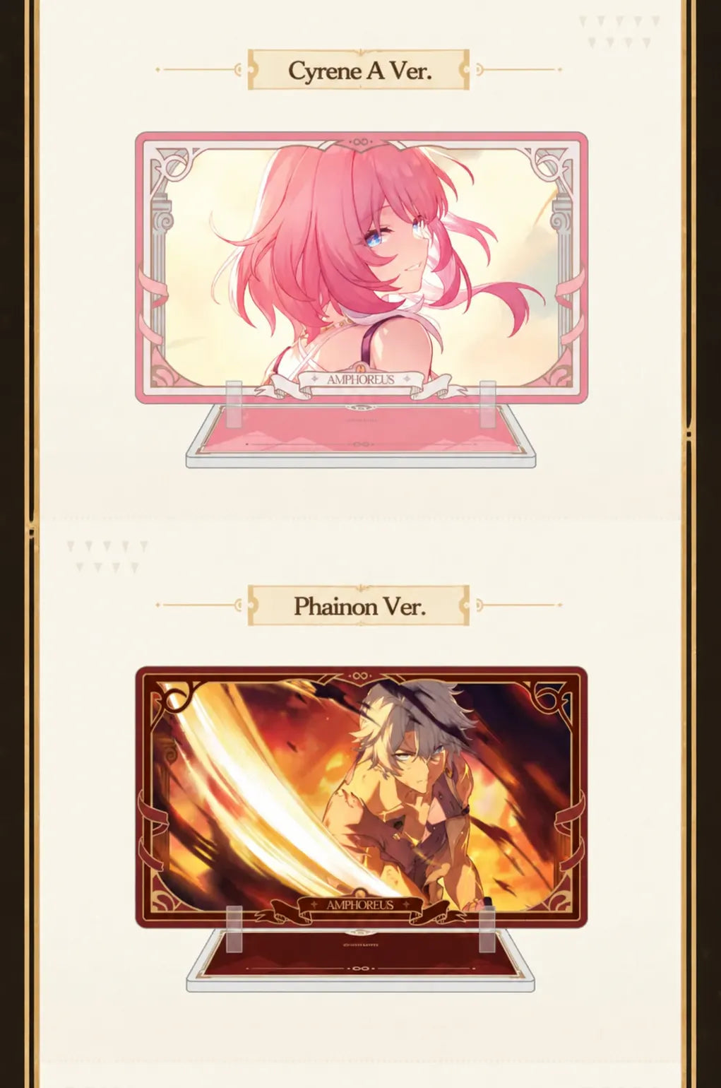 Cyrene A Ver. and Phainon acrylic standees featuring pink and red decorative frames
