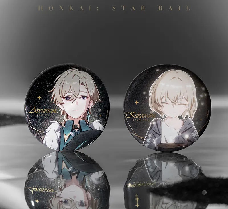 Honkai: Star Rail Aventurine and Kakavasha tinplate badges with decorative reflective details