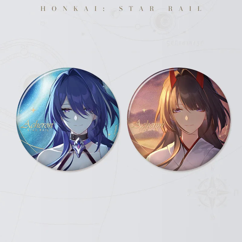 Honkai: Star Rail The Memories We Share Series Acheron badge set featuring two 58 mm tinplate badges with glitter and reflective finishes