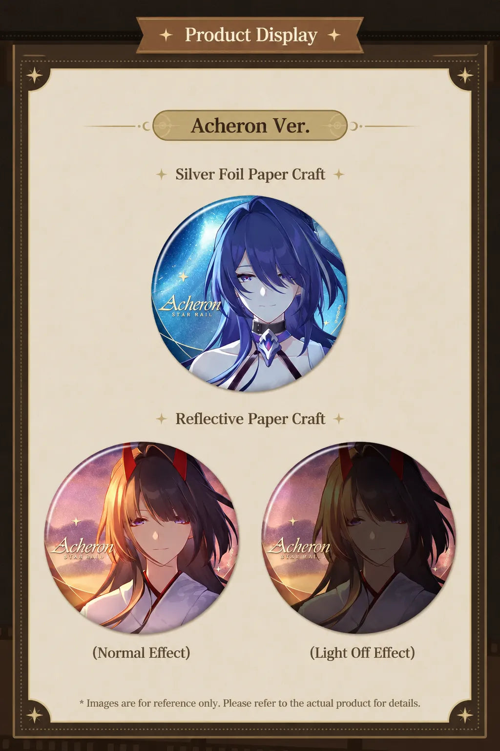 Acheron badge designs featuring silver foil and reflective finishes with normal and reflective effects