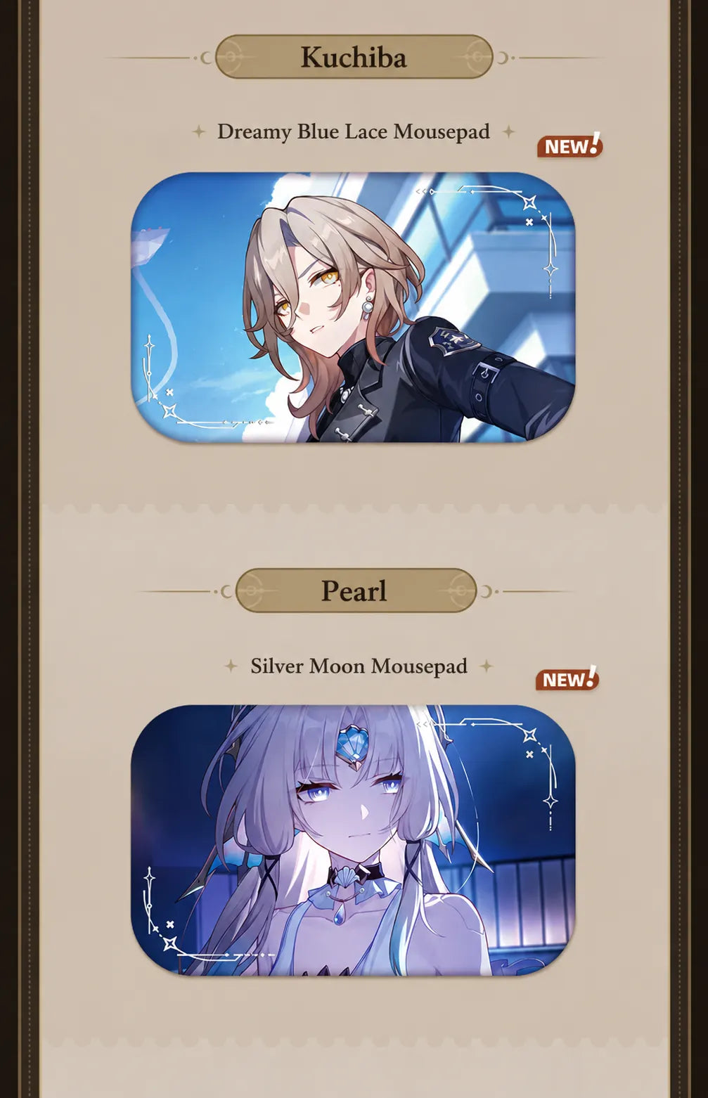 Kuchiba and Pearl collectible character badge designs