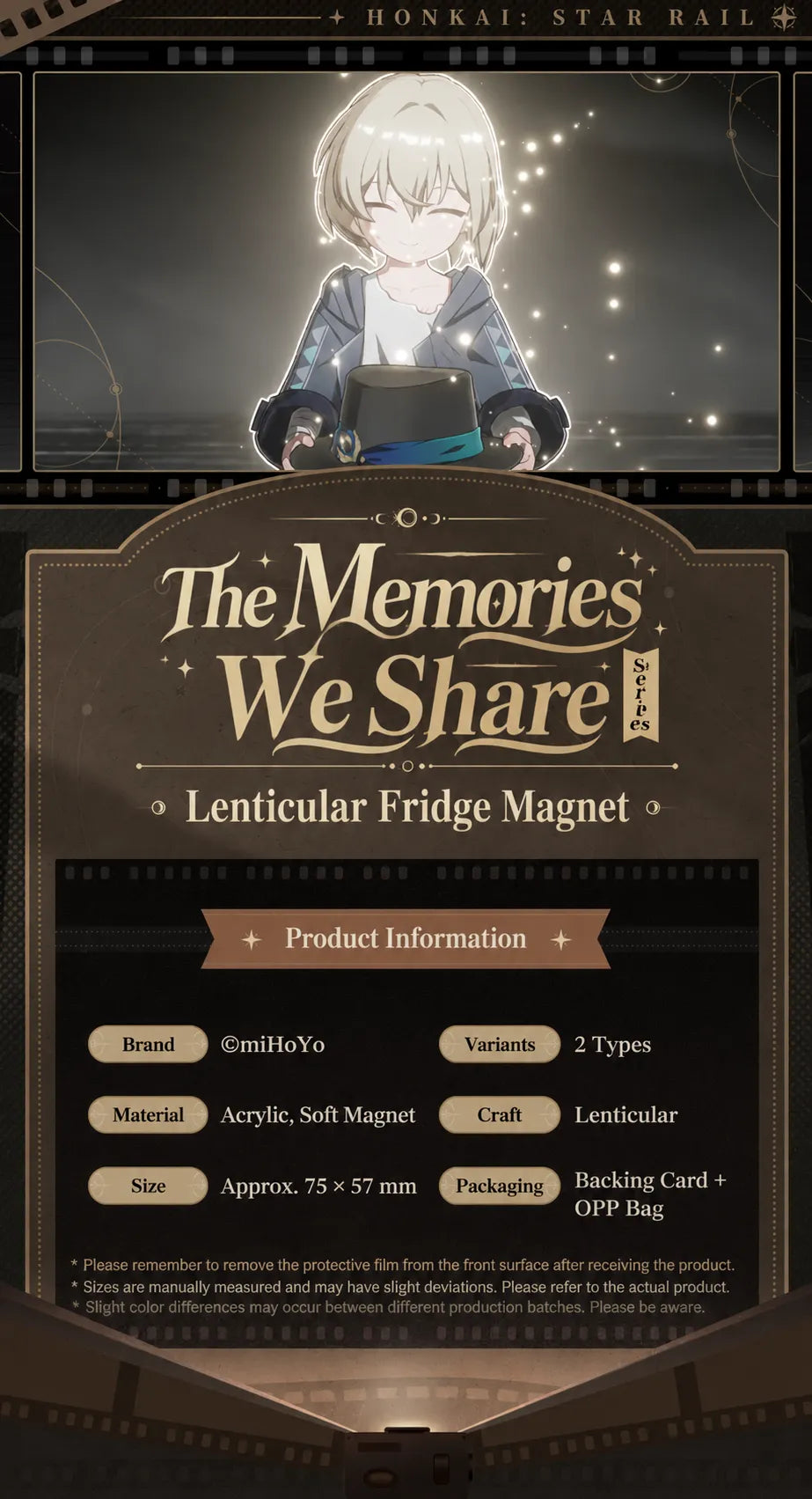 The Memories We Share Series lenticular fridge magnet specifications, acrylic material, magnetic backing, and dimensions