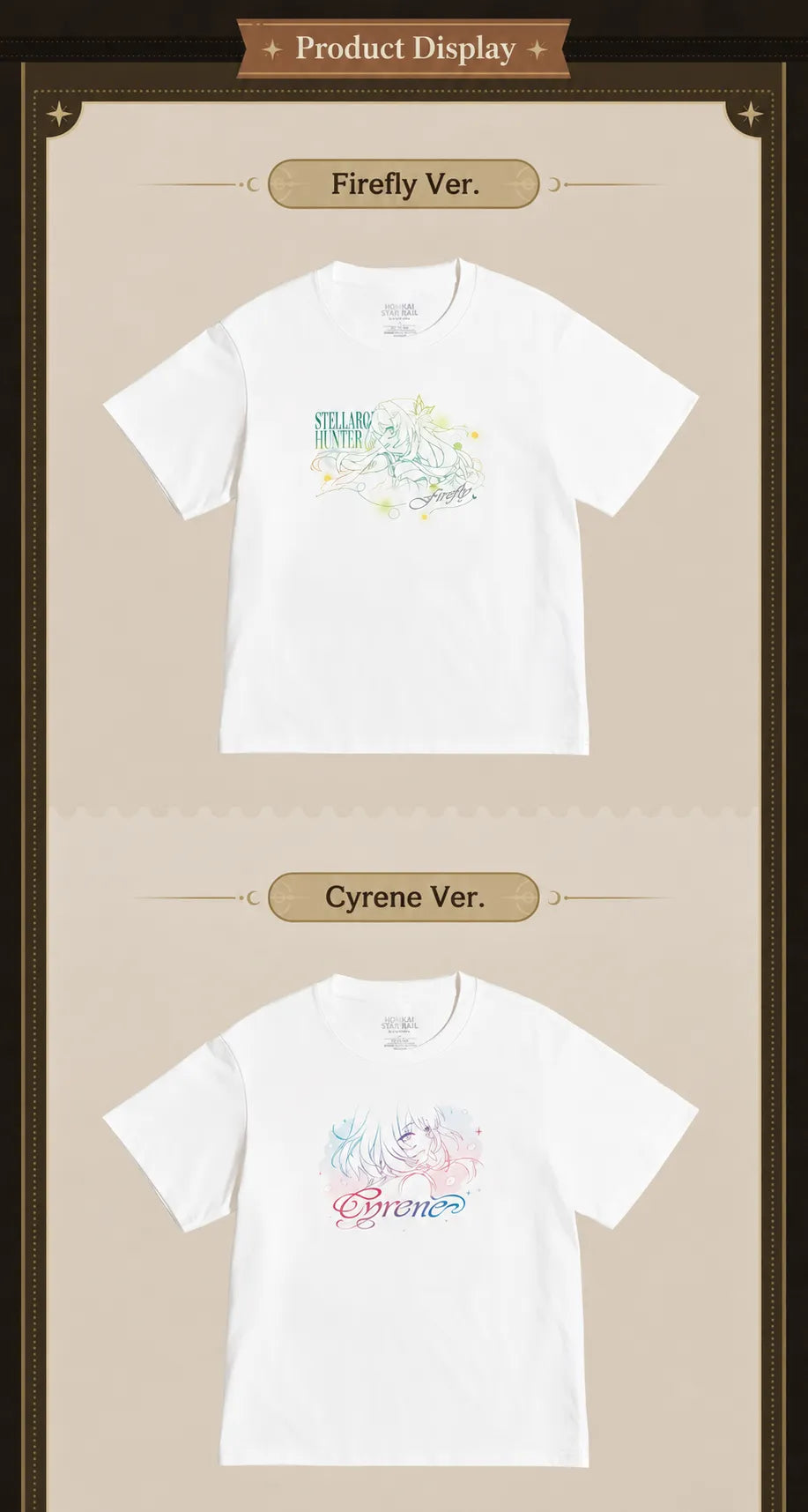 Firefly and Cyrene white short-sleeve T-shirts featuring printed character artwork on the front