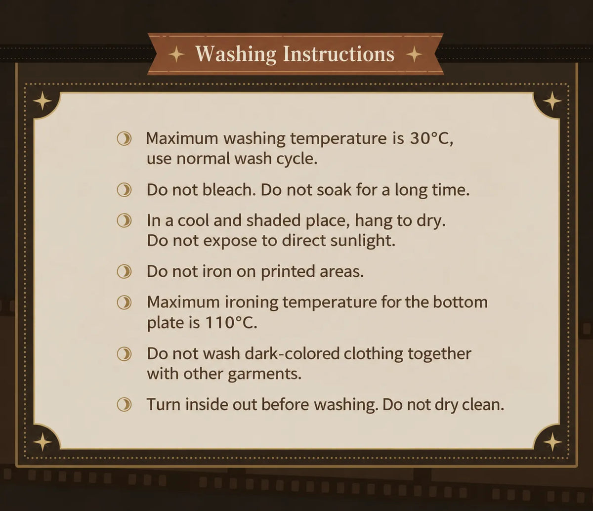 Short-sleeve T-shirt washing instructions covering 30°C washing, shade drying, ironing, and garment care