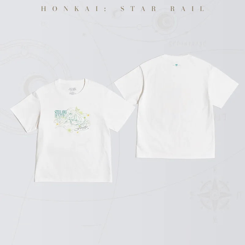 Honkai: Star Rail Firefly white short-sleeve T-shirt with green Stellaron Hunter character artwork