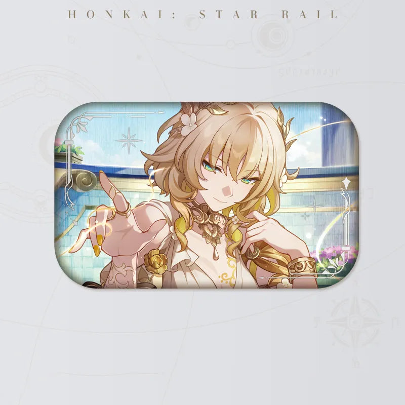 Honkai: Star Rail Aglaea tinplate badge featuring golden character artwork and decorative accents