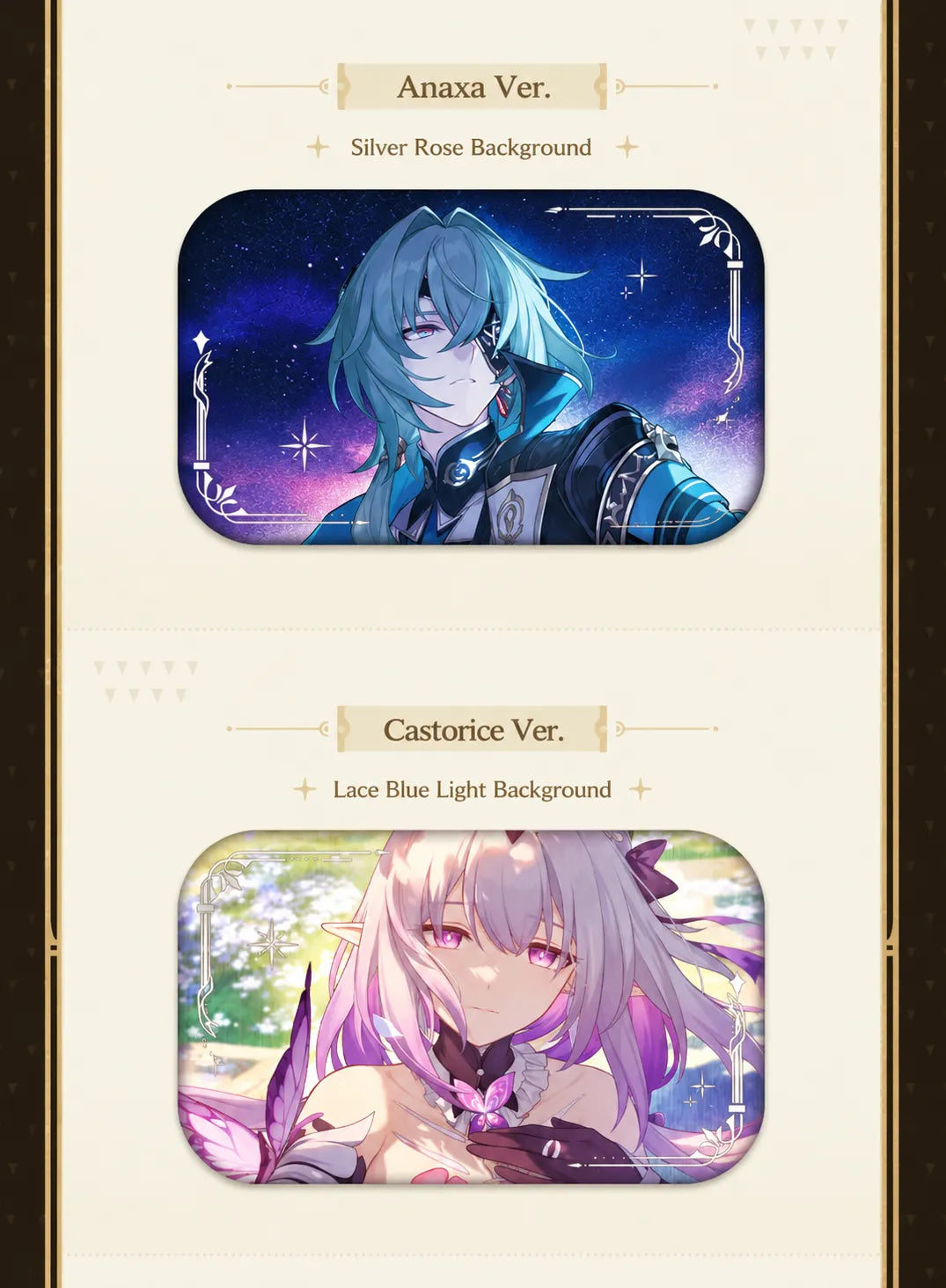 Anaxa and Castorice collectible tinplate badge designs with starry and floral backgrounds
