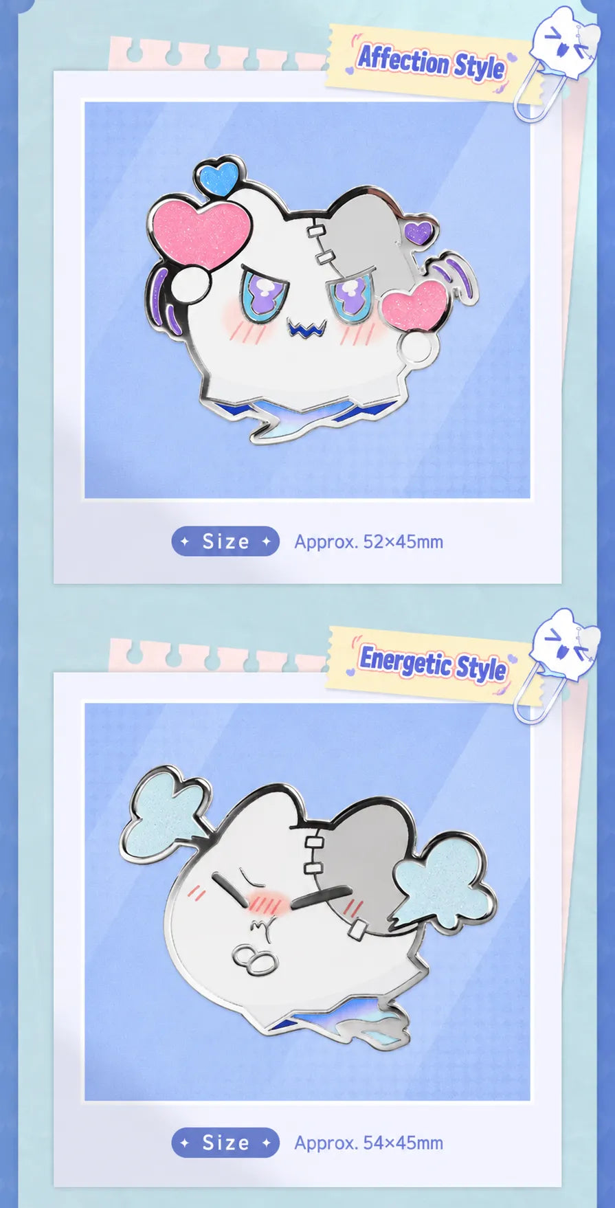 Wubbaboo Affection and Energetic Style metal badges with dimensions