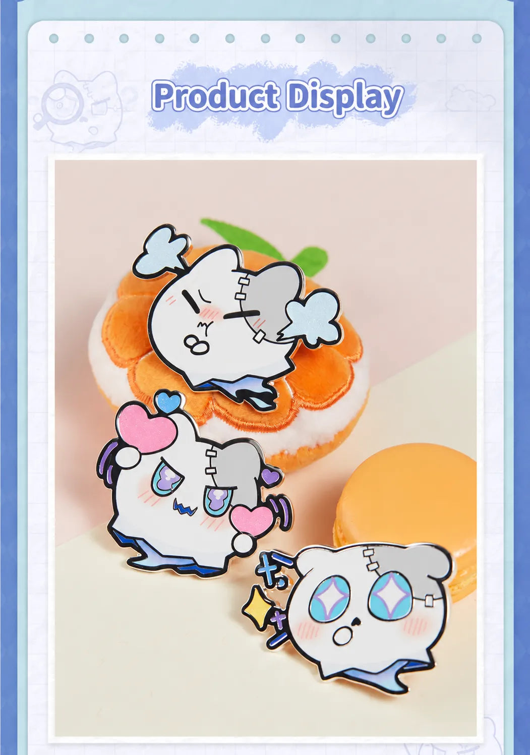Three Wubbaboo metal badge designs displayed with pastel accessories