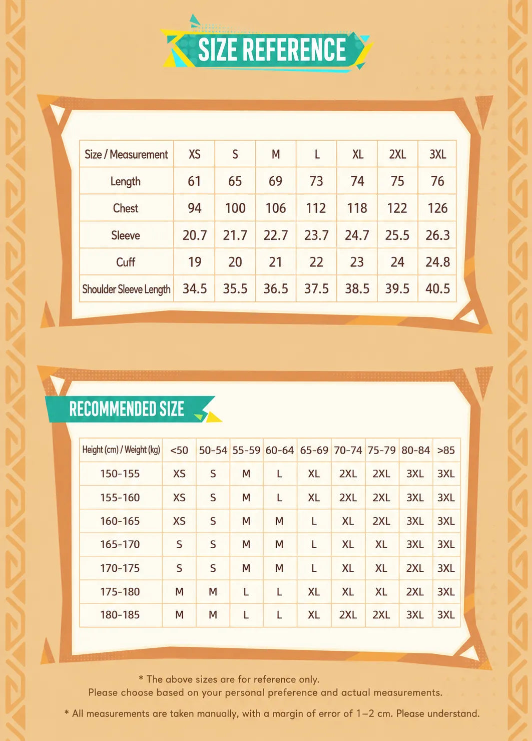 Genshin Impact Kachina T Shirt Size Chart and Measurement Guide