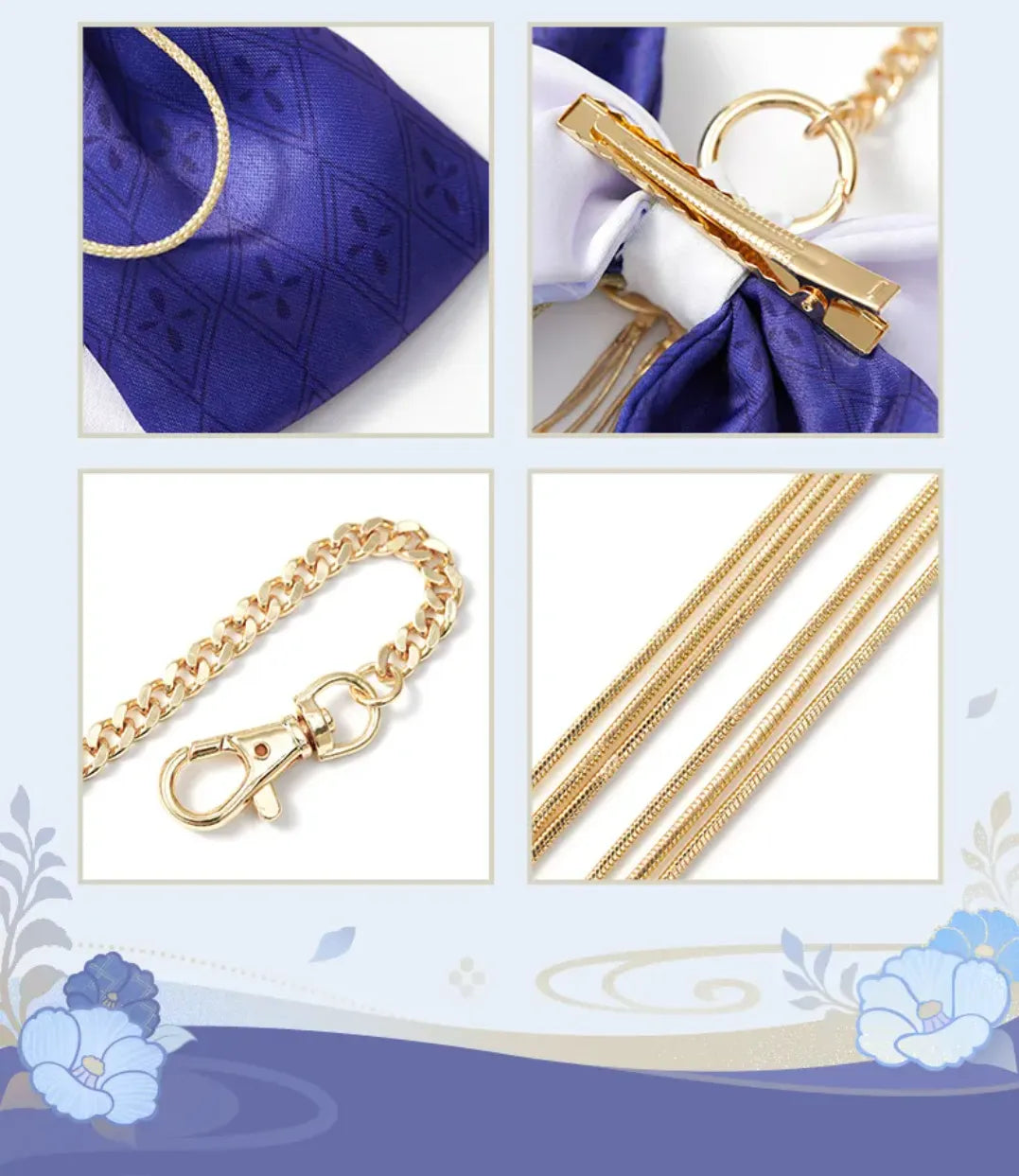 Metal tassel and decorative ornament details on Ayato bow accessory