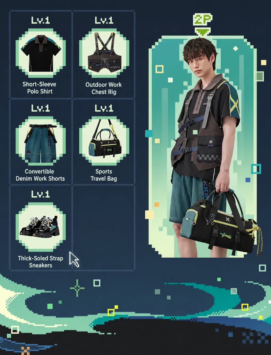 Kinich detachable cargo denim pants model showcase front view