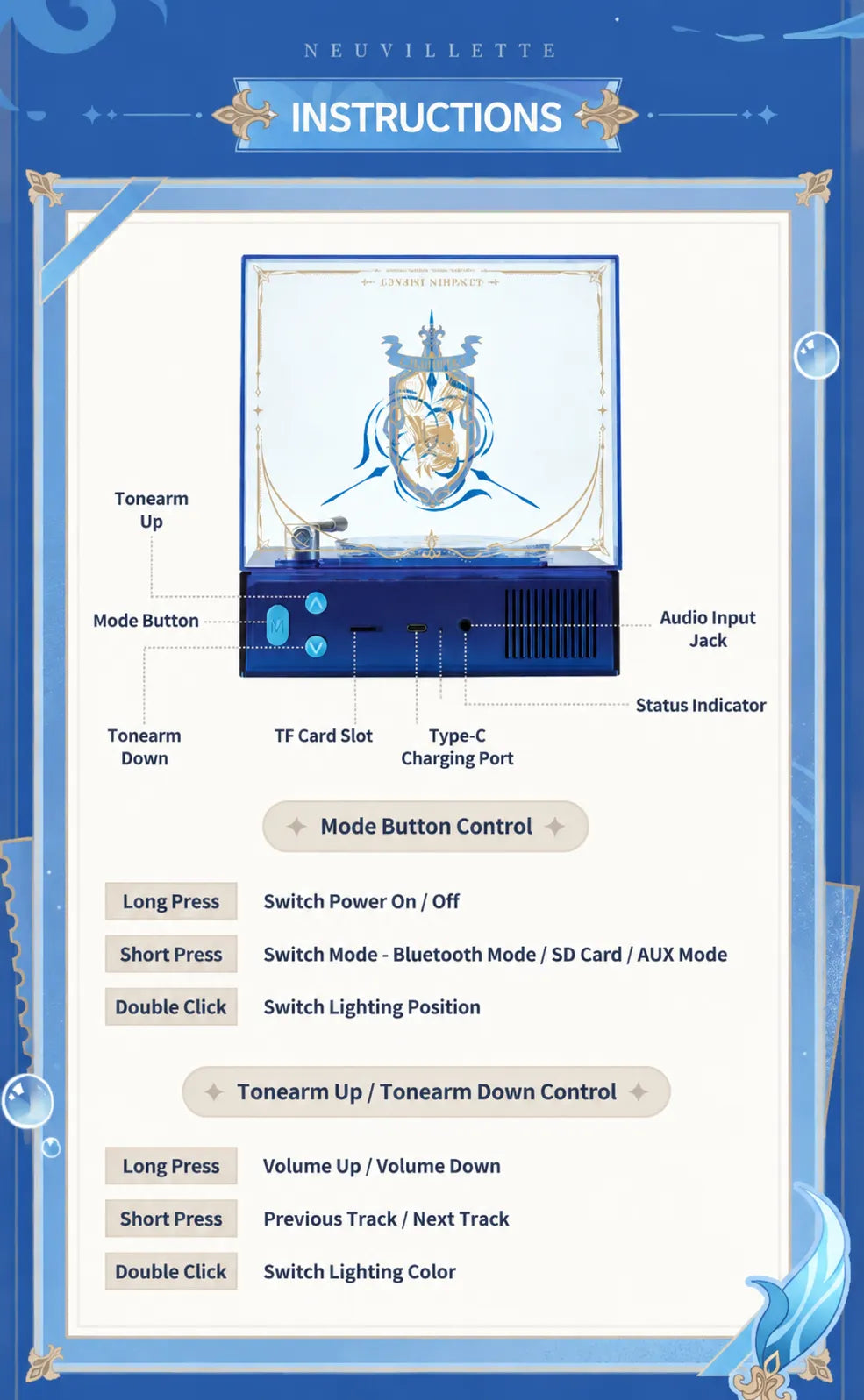 Genshin Impact Neuvillette Bluetooth Speaker operation manual and button control instructions