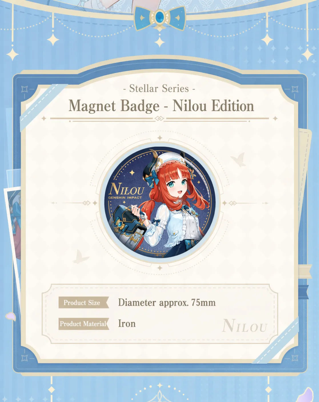 nilou badge detailed print finish smooth surface collectible pin close up
