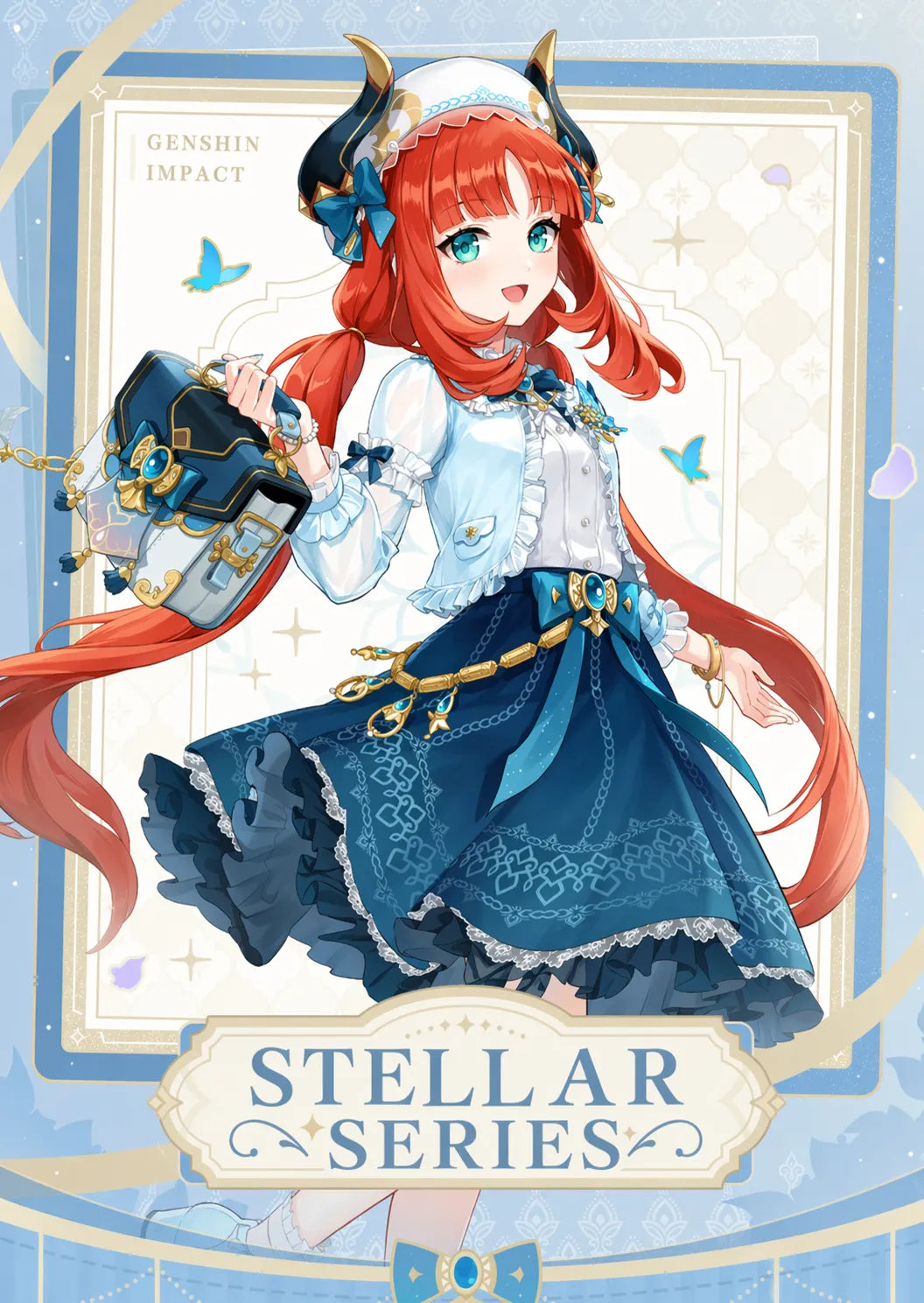 nilou starry series blue floral pattern design close up elegant character theme