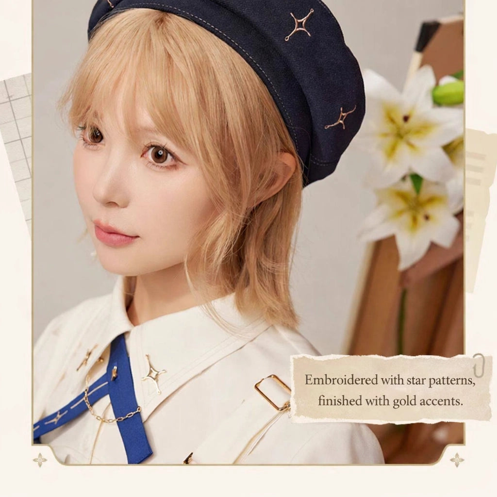 Close-up of navy beret star embroidery inspired by Albedo from Genshin Impact