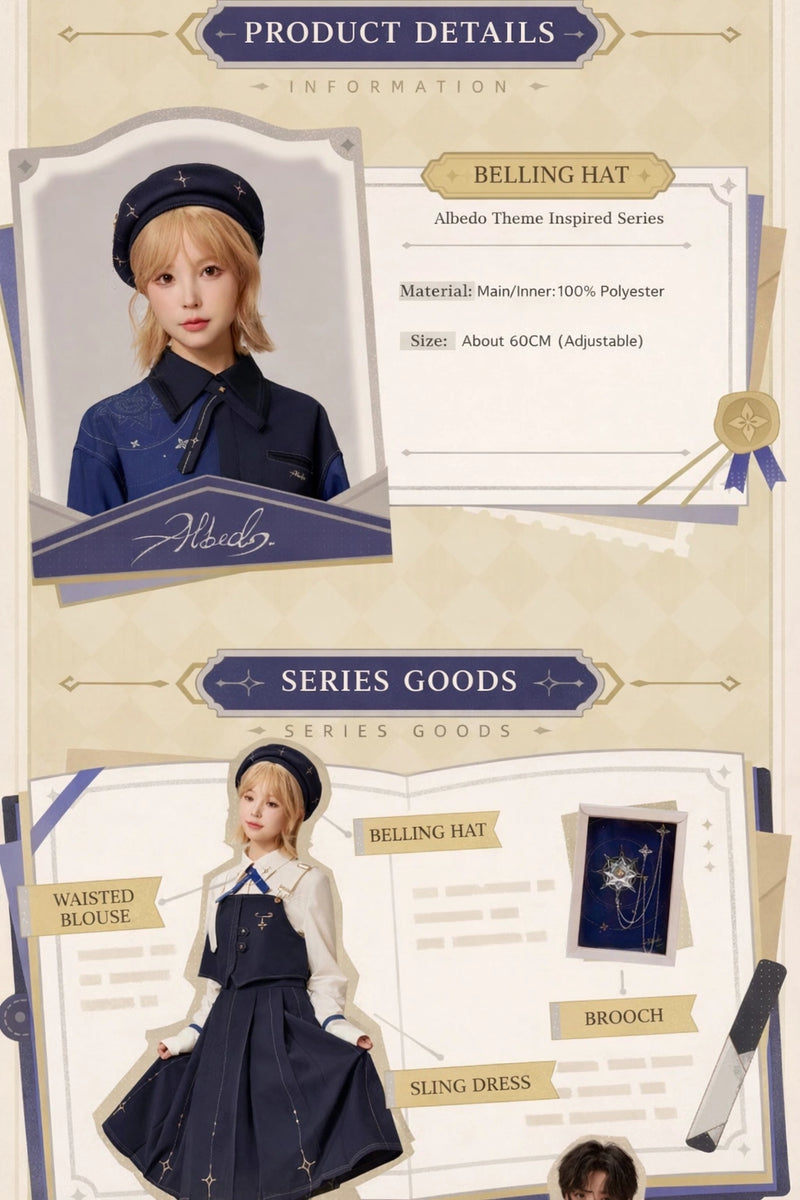 Product information layout of Genshin Impact Albedo theme navy beret with material and size details