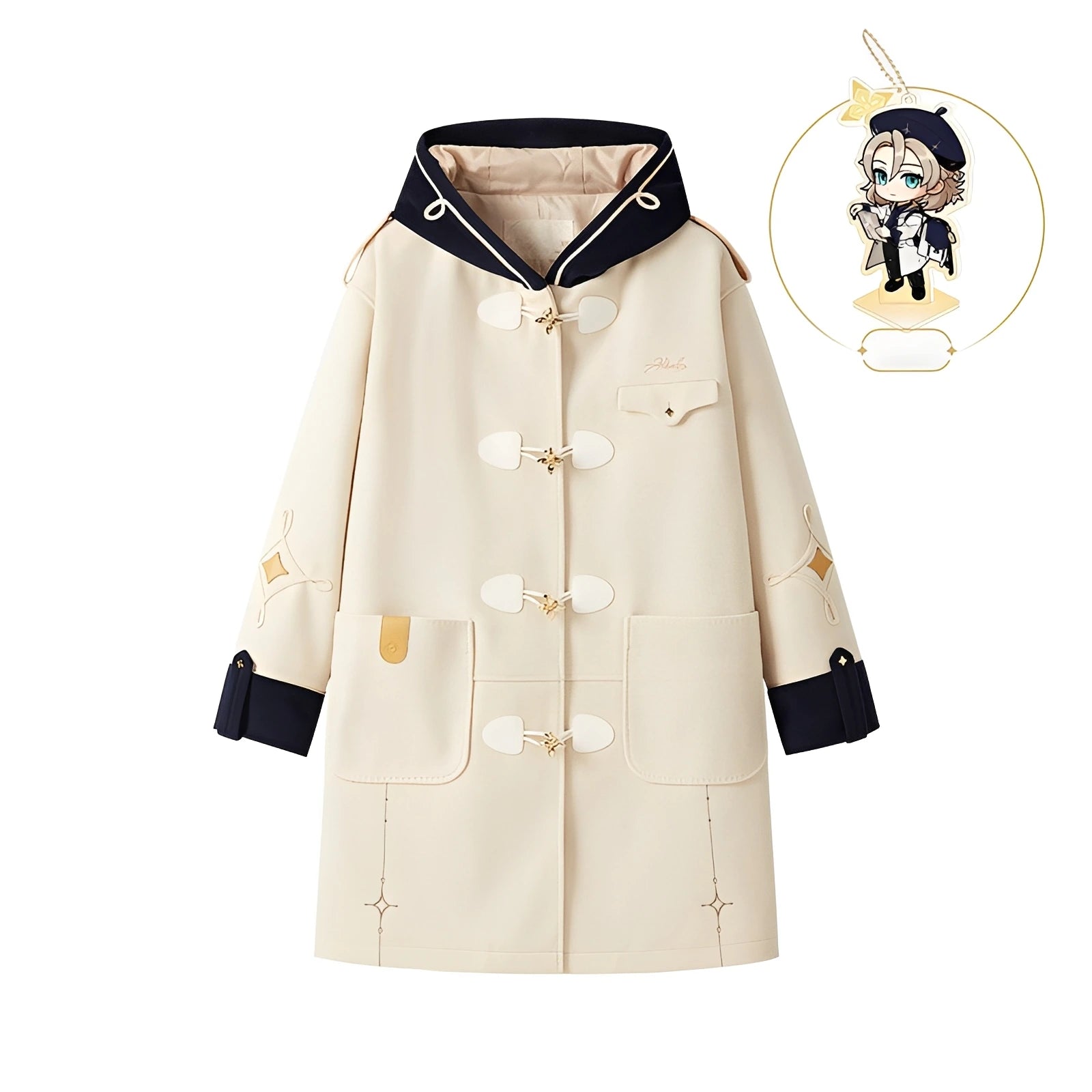 Official Genshin Impact Albedo wool coat front view on white background featuring floral metal toggles and navy hood details